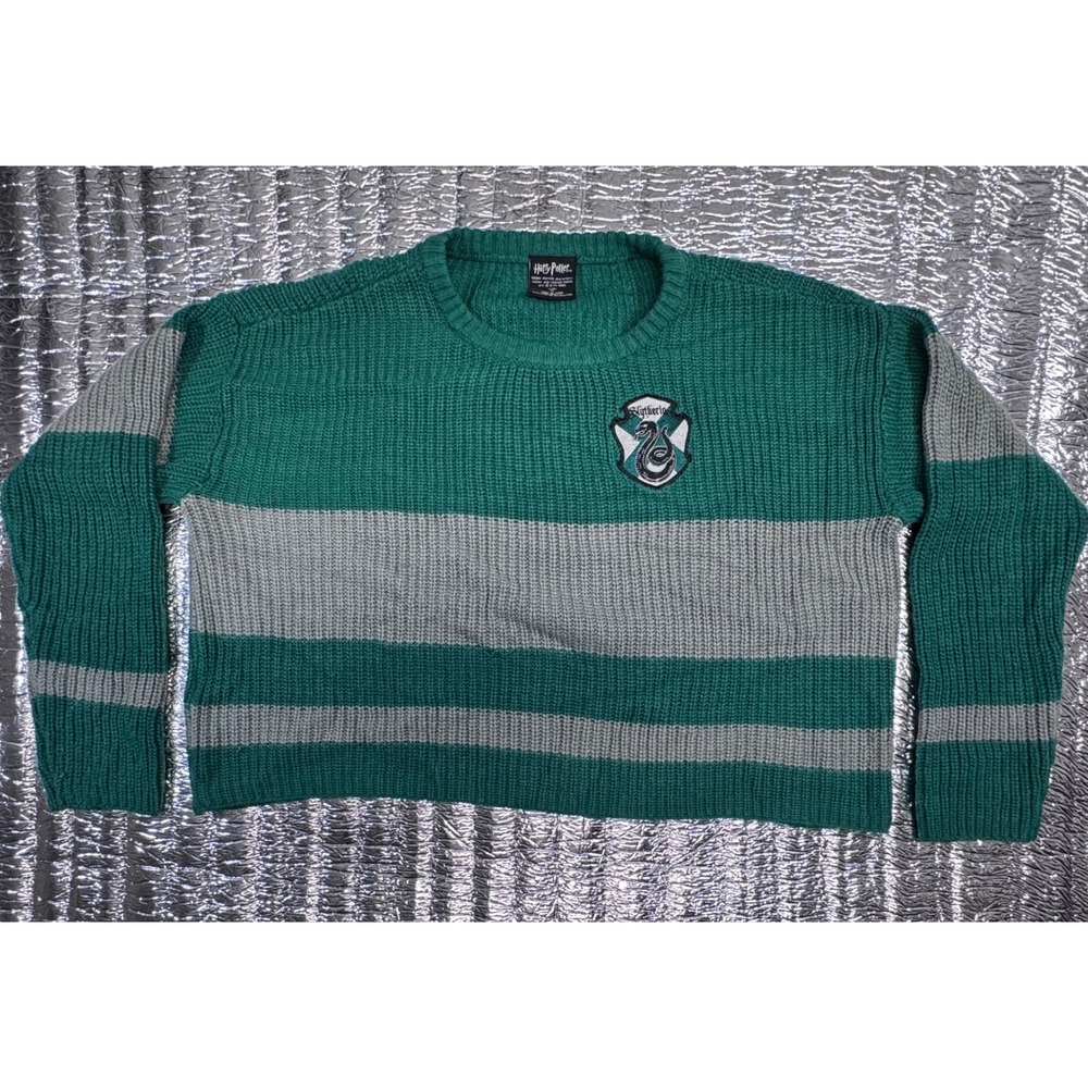 Harry Potter Slytherin Sweater XL Green Grey Striped Ribbed Knit Crop Pullover